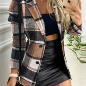CHICME Plaid Long Sleeve Notched Collar Coat